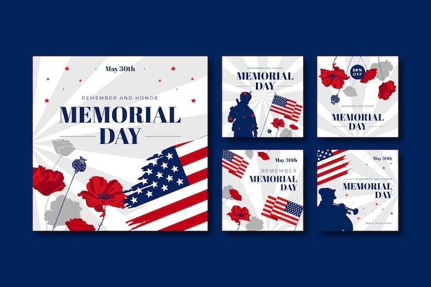 Vettore raccolta di post su instagram per la celebrazione del memorial day negli stati uniti