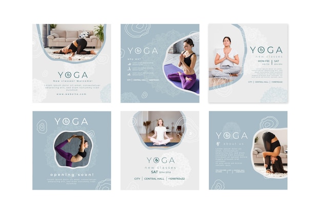 Vettore raccolta di post su instagram per la pratica dello yoga
