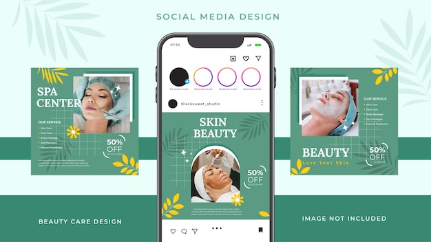 Vector instagram posts for skin care and beauty salon with mobile screen and leaf shadow