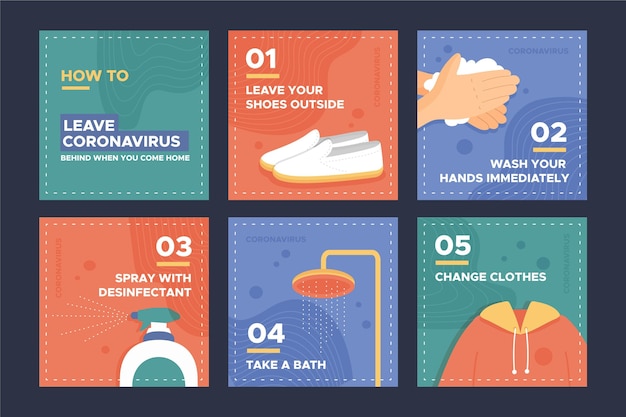 Vector instagram posts with how to leave coronavirus behind when you come home