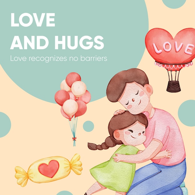 Instagram-postsjabloon met meisjeskindknuffel met liefdesconcpetwaterverfstijl