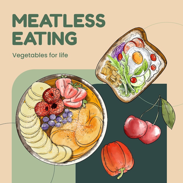 Instagram-postsjabloon met veganistisch voedselconcept aquarelstijl