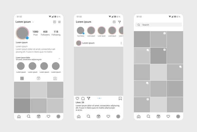 Vettore modello di interfaccia del profilo instagram design dell'app mobile.