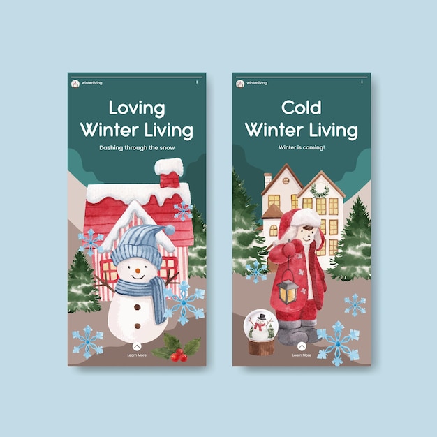 Instagram-sjabloon met concept voor winterleven, aquarelstijl