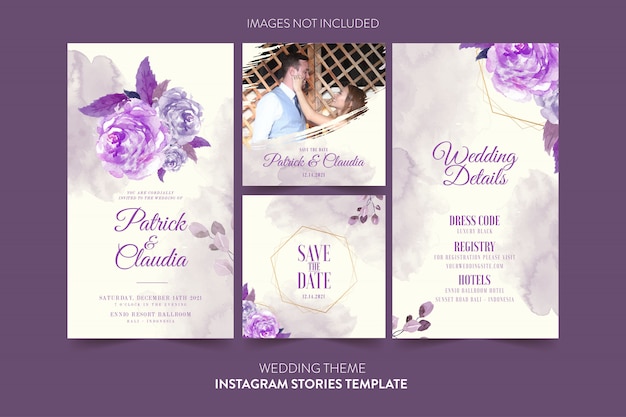 Instagram sjabloon voor bruiloft uitnodigingskaart met aquarel bloem en bladeren