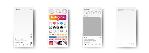 Mockup di vettore di social media di instagram. modello con reels, live e stories. modello iphone 14 con