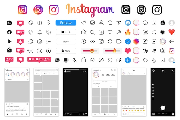 Icone dell'interfaccia dell'app di social network di instagram e modello di schermata della cornice dello smartphone