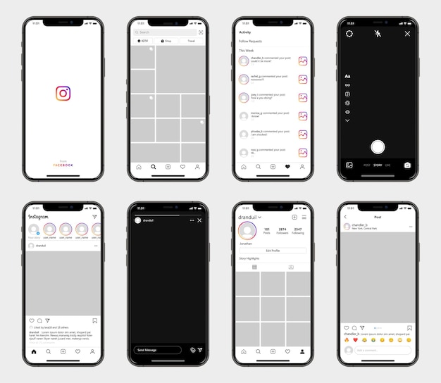 Vector instagram social network interface template on smartphones. instagram social media mockup