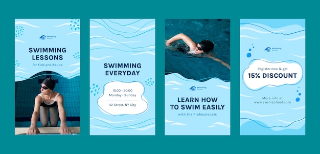 Vector instagram stories collection for swimming lessons