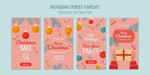 Шаблон истории Instagram Рождество и Новый год на розовом фоне еловые ветки леденцы и новогодние шары