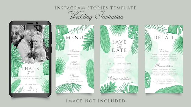 Вектор Шаблон instagram историй для свадебного приглашения тема с зеленью тропических листьев цветочный фон