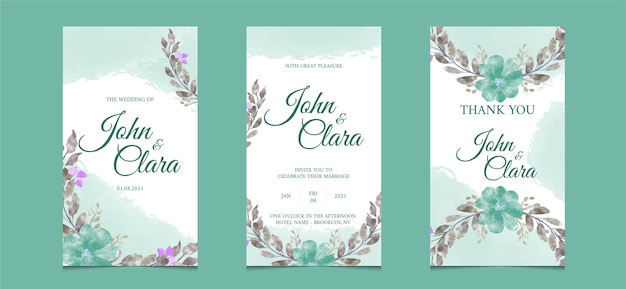 Instagram stories template for wedding invitation card with watercolor floral background