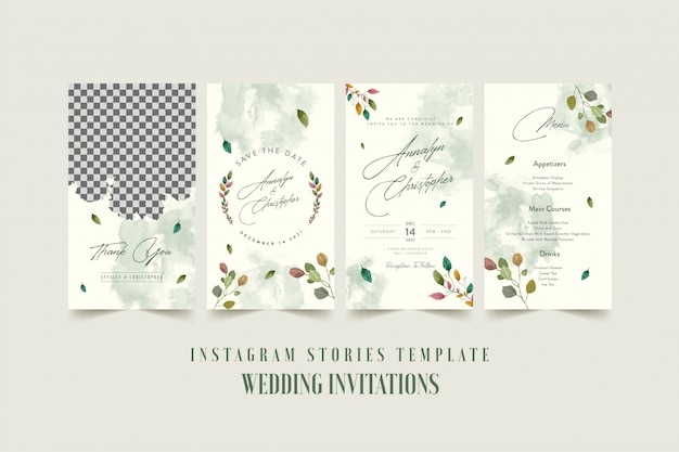 Instagram stories template for wedding invitation card with watercolor flower and leaves  