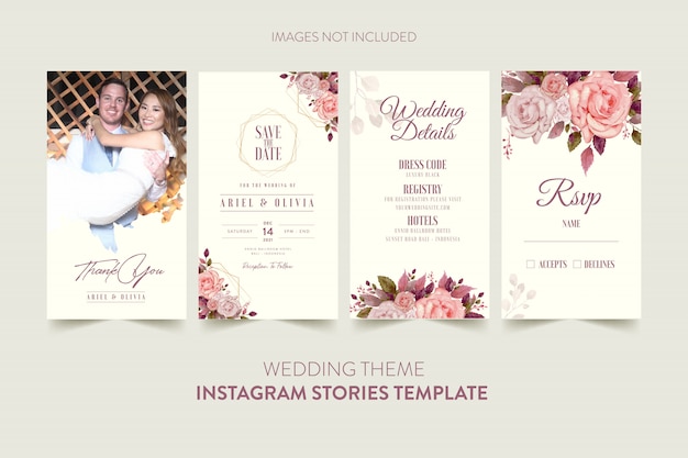instagram stories template for wedding invitation card with watercolor flower and leaves  