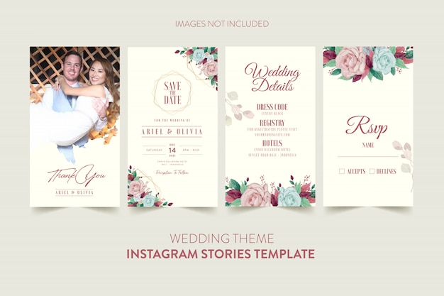 Instagram stories template for wedding invitation card with watercolor flower and leaves  