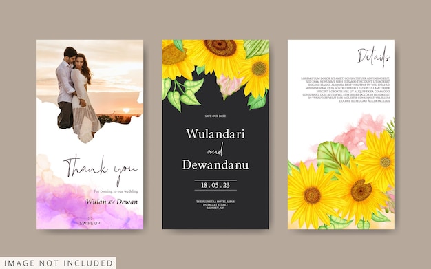 Instagram stories template for wedding invitation with watercolor sunflower