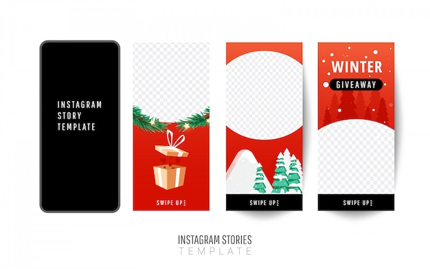 Instagram story template. christmas giveaway with gift boxes, christmas trees