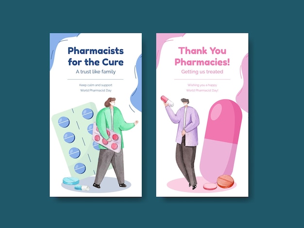 Vector instagram template set with world pharmacists day in watercolor style