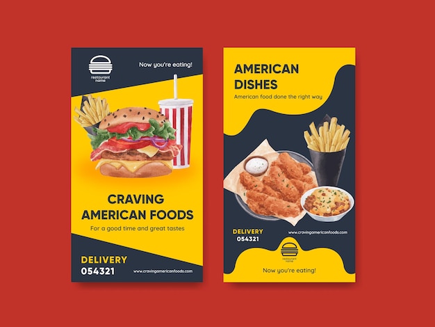 Vector instagram template with american foods concept,watercolor style