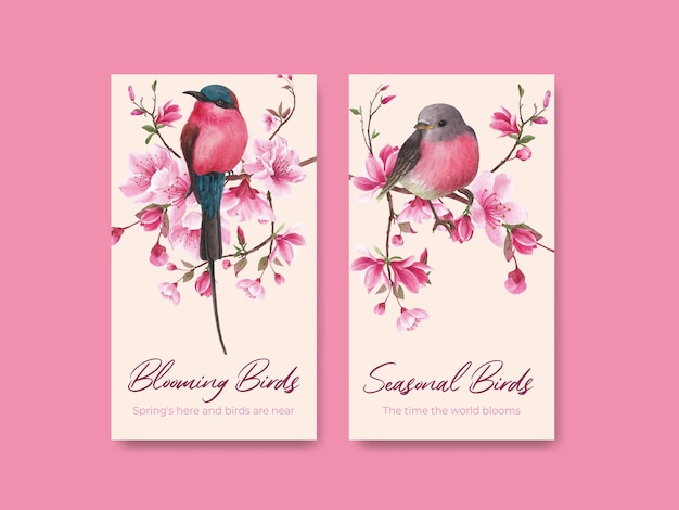 Modello di instagram con l'illustrazione dell'acquerello di progettazione di concetto dell'uccello del fiore