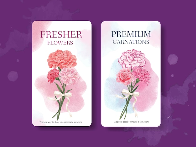카네이션 꽃 개념, 수채화 스타일 Instagram 템플릿