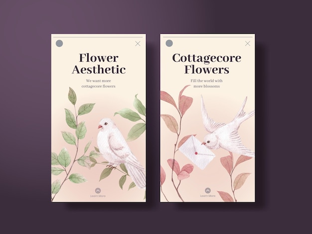 Instagram template with cottagecore flowers concept,watercolor style