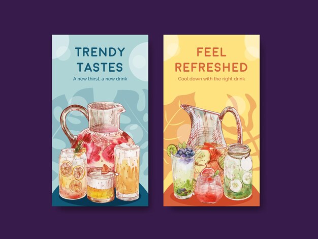 Instagram template with refreshment drinks concept,watercolor style