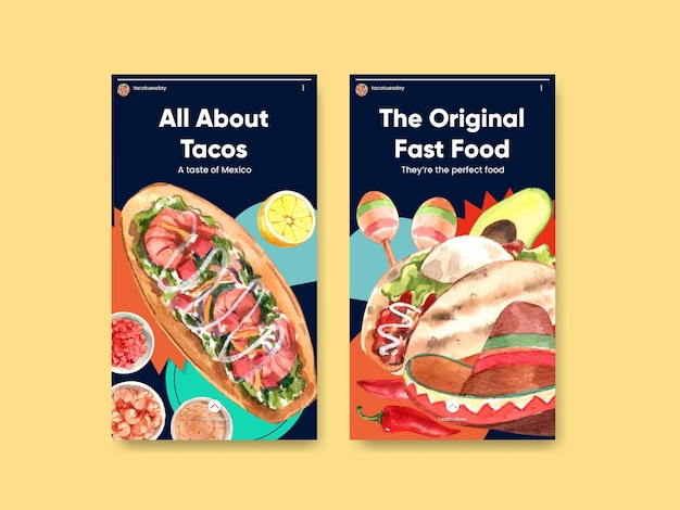 Modello di instagram con concetto di taco day in stile acquerello