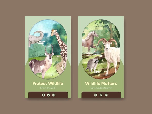 Vector instagram template with world animal day concept in watercolor style
