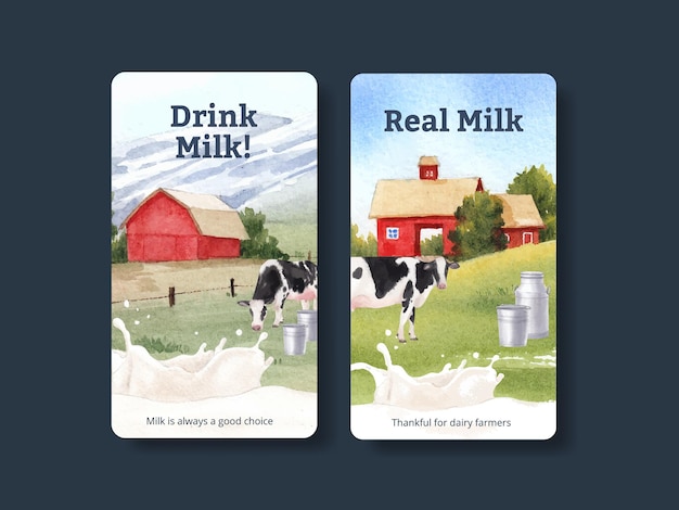 Vector instagram template with world milk day concept,watercolor style