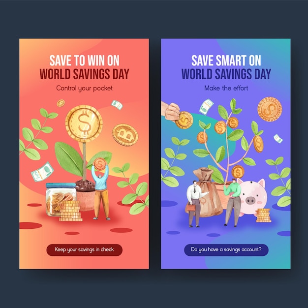 Шаблоны instagram к всемирному дню сбережений в акварельном стиле