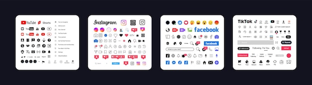 Instagram Tik Tok Facebook YouTube button icon Set screen social media and social network interface template Stories user button symbol sign logo Stories liked stream Editorial vector