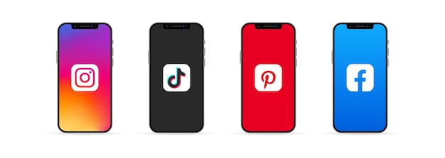 スマートフォン画面上のInstagram、Tik Tok、Pinterest、Facebookアプリ