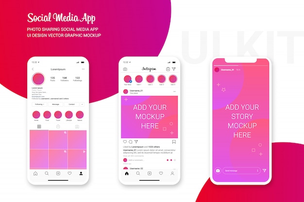 Вектор instagram ui макет, приложение для обмена фотографиями social media interface