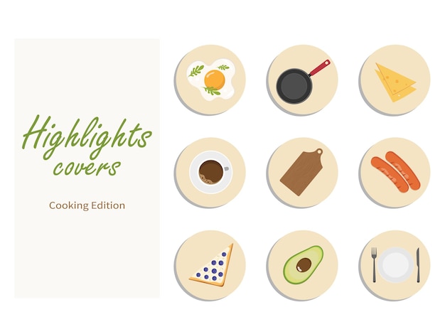 Instagram verhaal covers. Voedsel, set pictogrammen voor een café of coffeeshop. Eieren, groenten, kaas, brood, worstjes, koffie, enz.