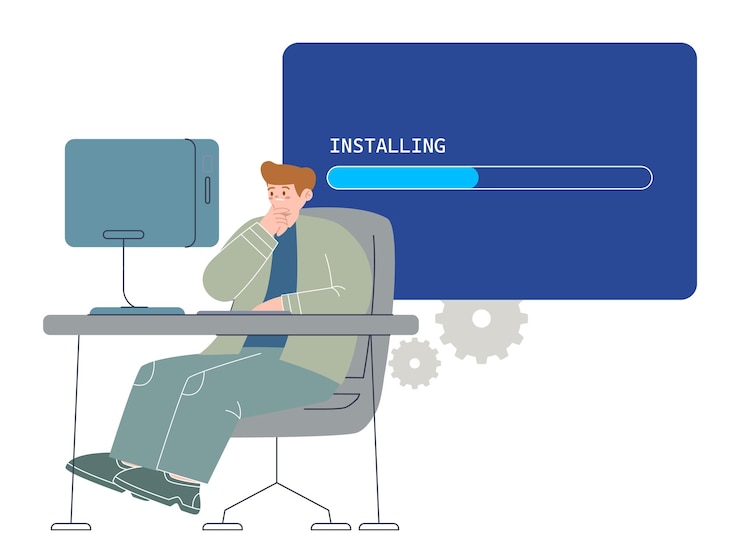 Vector install operating system installing os loading load upgrade update new version software pc computer