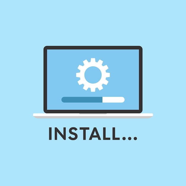 Install programm icon in flat style Software upgrade vector illustration on isolated background laptop upload process sign business concept