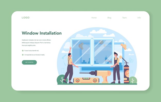 Installer web banner or landing page worker in uniform installing window