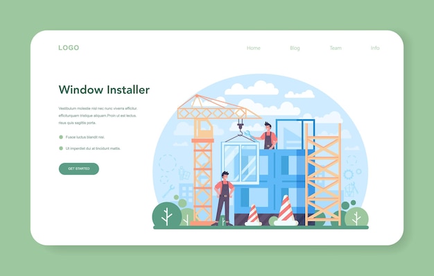 Vector installer web banner or landing page. worker in uniform installing windows