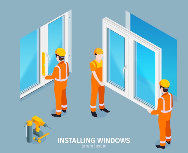 Installing windows isometric illustration