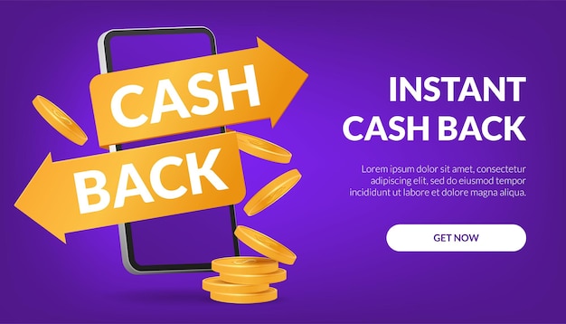 Vettore concetto di banner web cashback istantaneo su un'app mobile ideale per promozioni di banner e online