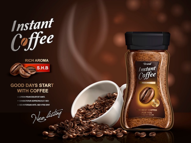 instant coffee ad, with coffee bean elements, bokeh background