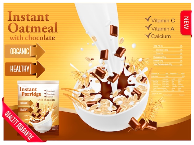 Instant havermout met chocolade advertentie concept. Melk stroomt in een kom met graan en chocolade. Vector.