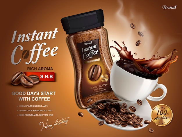 instant koffie advertentie, met koffie splash elementen, bruine achtergrond