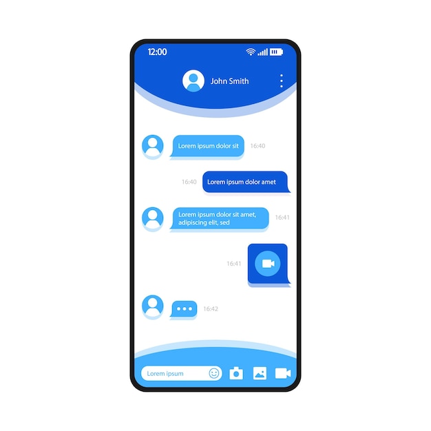 Vector instant messages app smartphone interface vector template. mobile page blue design layout. bubble chatting screen. flat ui for application. video sending. media files exchange. phone display