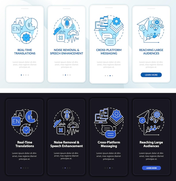 Schermata della pagina dell'app mobile di onboarding della messaggistica istantanea. procedura dettagliata di chat online 4 passaggi di istruzioni grafiche con concetti. modello vettoriale ui, ux, gui con illustrazioni lineari in modalità giorno e notte