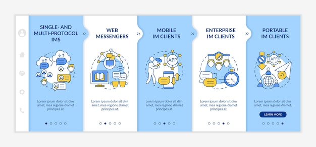 Instant messaging service types onboarding vector template. Responsive mobile website with icons. Web page walkthrough 5 step screens. Software for chatting color concept with linear illustrations