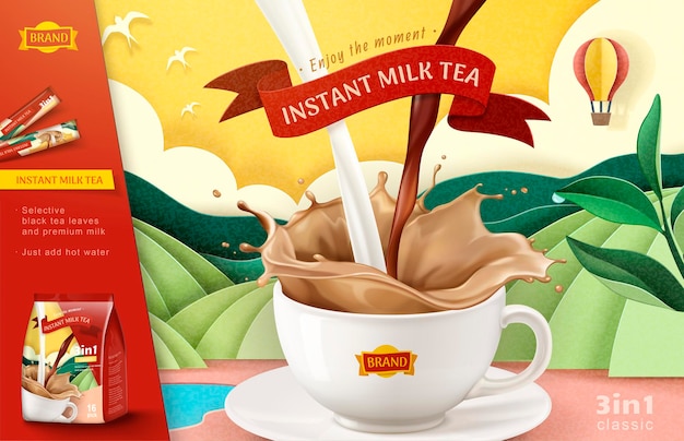 Instant milk tea banner on paper art terraced field in 3d style