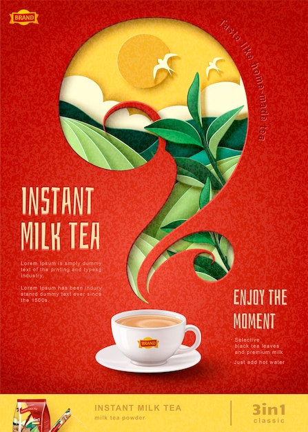 Instant milk tea poster with paper art terraced field in 3D style