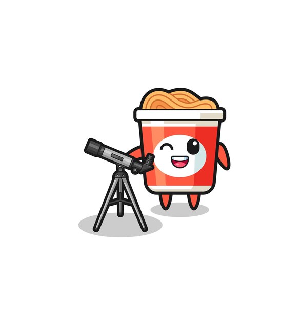 Instant noodle astronomer mascot with a modern telescope cute design